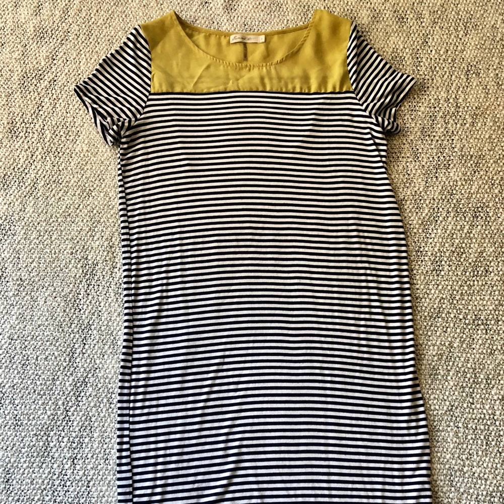 Black and white striped dress with mustard detail